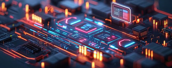 Futuristic circuit board with glowing components, high-tech abstract design, dark background.