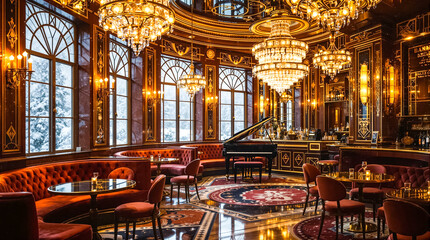 Fototapeta premium A luxurious bar features grand chandeliers and a piano, creating an inviting atmosphere amidst a winter backdrop