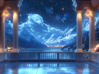 a majestic castle perched on a cliff with elegant fantasy balcony overlooking a breathtaking mountain landscape at night.