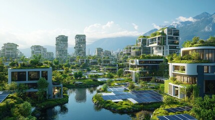 Obraz premium A futuristic city with green buildings and solar panels.