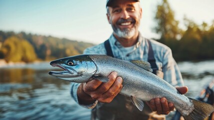 Obraz premium A man is holding a fish in his hand while smiling