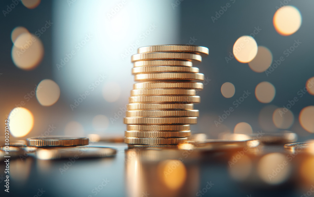 Poster stacks of golden coins with blurred background, symbolizing wealth and success. warm bokeh lights cr