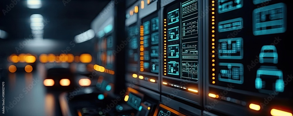 Poster futuristic control panel with glowing screens and data visualization elements.