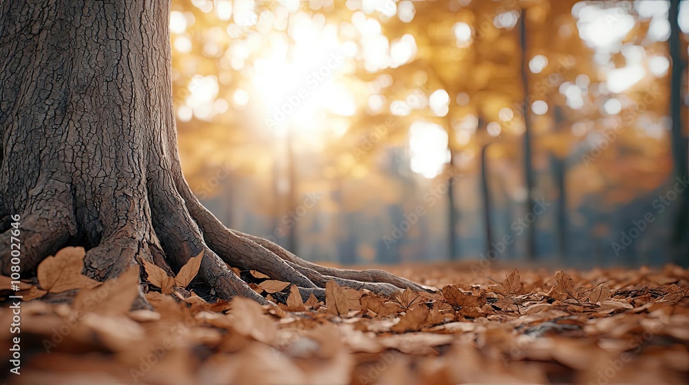 Poster autumn tree roots surrounded by fallen leaves with soft sunlight filtering through.