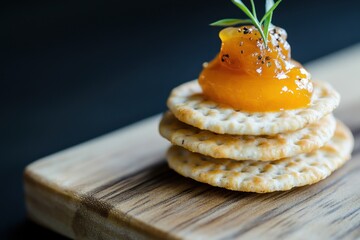 Aged Cheddar on Crackers: Sharp aged cheddar cheese slices placed on round, wheat crackers