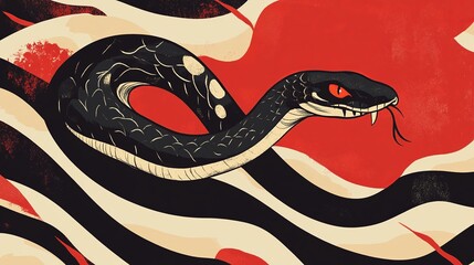 Celebrate the auspicious Chinese New Year 2025, symbolized by the cunning and wise Snake. This modern banner design incorporates striking stripes and the enigmatic zodiac animal