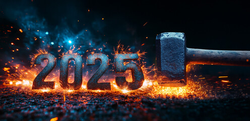 happy new year. Big blacksmith hammer forging glowing spark metal number 2025 on anvil. heavy metal and construction fresh start and abstract concwept background