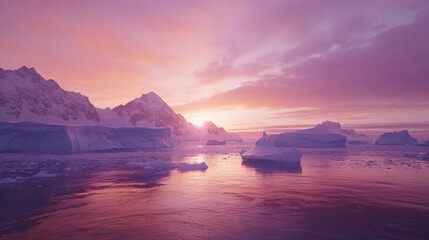 Fototapeta premium Stunning Ice Landscape at Sunset: Majestic Mountains and Calm Waters Reflecting Pink Skies