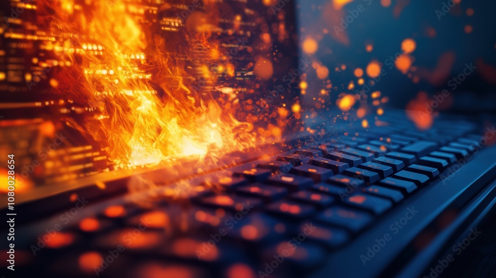 Poster a fiery explosion of digital data emanates from a keyboard, symbolizing intense technological activi