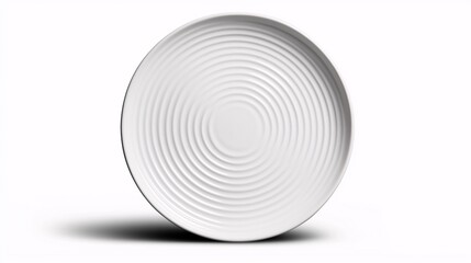 Fototapeta premium Isolated Round White Plate with Circular Pattern on Clean White Background for Kitchen and Dining Presentation, Perfect for Food Photography and Table Settings