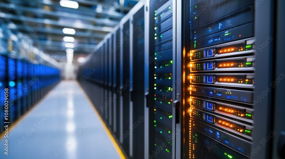 Poster a high-tech server room filled with rows of network servers, showcasing bright indicators and a clea