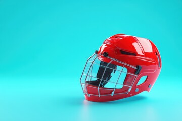 Fototapeta premium A red helmet with a mesh face guard sits on a blue background