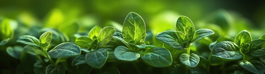 Close-up of vibrant green oregano leaves thriving in natural light, showcasing their rich texture and freshness.