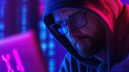 A focused individual in a hoodie gazes intently at a laptop, surrounded by vibrant neon lights, creating a mysterious and tech-savvy atmosphere.