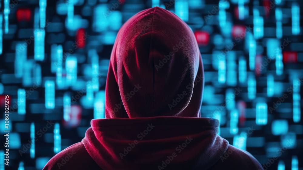 Poster a mysterious figure in a hoodie faces a digital backdrop of scrolling data, evoking themes of anonym