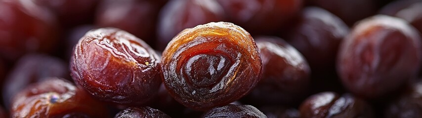 Close-up view of rich, plump, and sweet dried dates, showcasing their luscious texture and deep brown color.