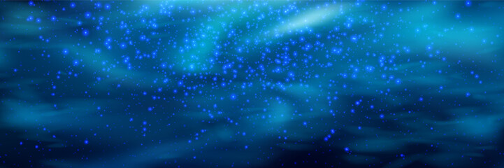 Obraz premium Underwater swirling bg with glowing plankton overlay effects. Dark blue marine gradient background and photofluorescent particles and microorganisms.