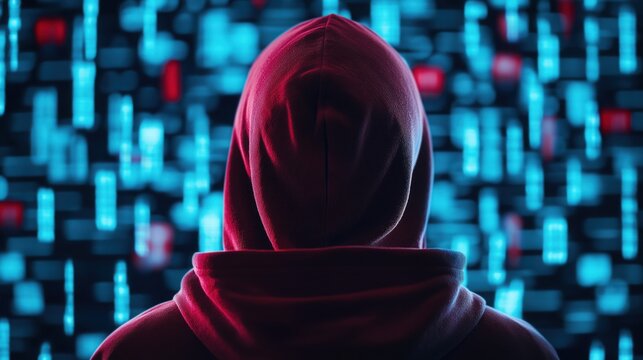 A mysterious figure in a hoodie faces a digital backdrop of scrolling data, evoking themes of anonymity and technology.