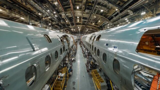 Wide-angle panorama of an aircraft factory, showing rows of commercial jet fuselages, wings, and landing gear being assembled and inspected.