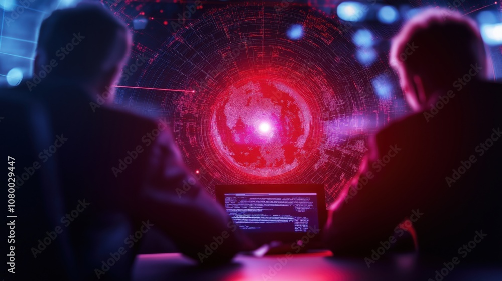 Poster two figures observe a vivid, swirling cosmic display on a screen, surrounded by glowing digital elem
