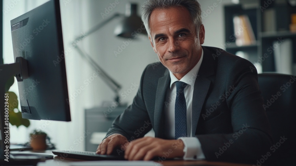 Poster a man in a suit is sitting at a desk in front of a computer monitor