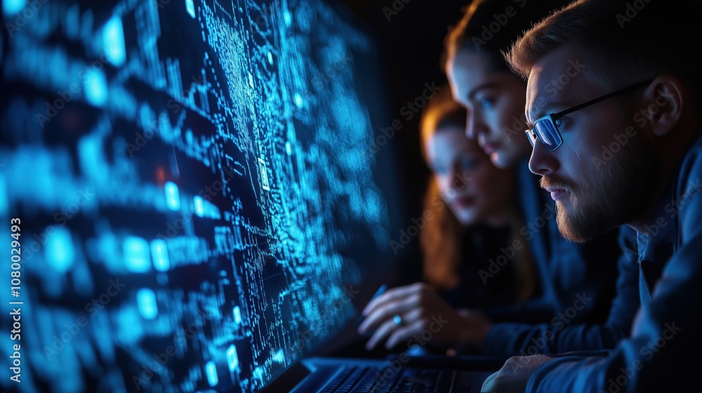 Poster a group of three individuals examines complex data visualizations on a screen in a dimly lit environ
