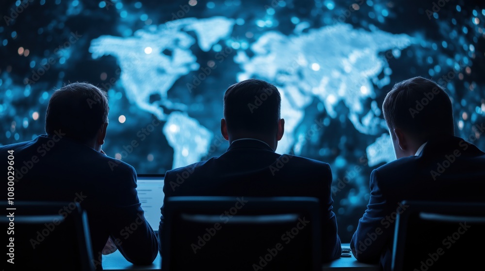 Poster three professionals view a digital world map, emphasizing global connectivity and analysis in a high