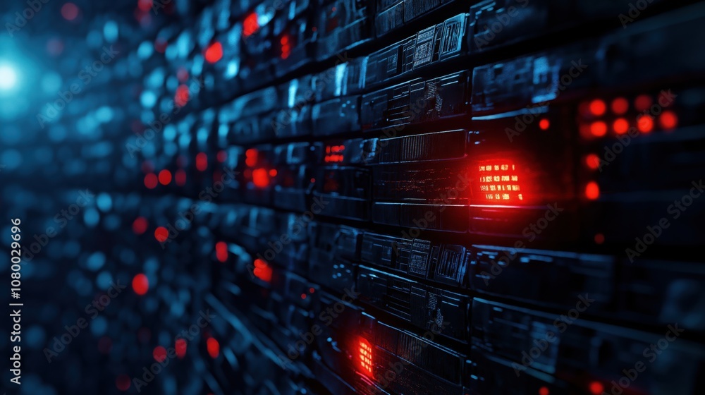Poster a visually striking representation of a digital server environment, showcasing illuminated panels wi