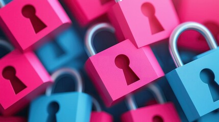 Fototapeta premium Description Colorful padlocks in pink and blue stacked together, symbolizing security and protection.
