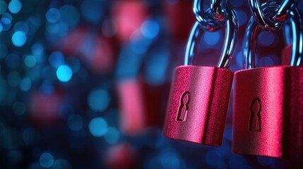 The image features close-up red padlocks against a blurred blue background, symbolizing security and protection.