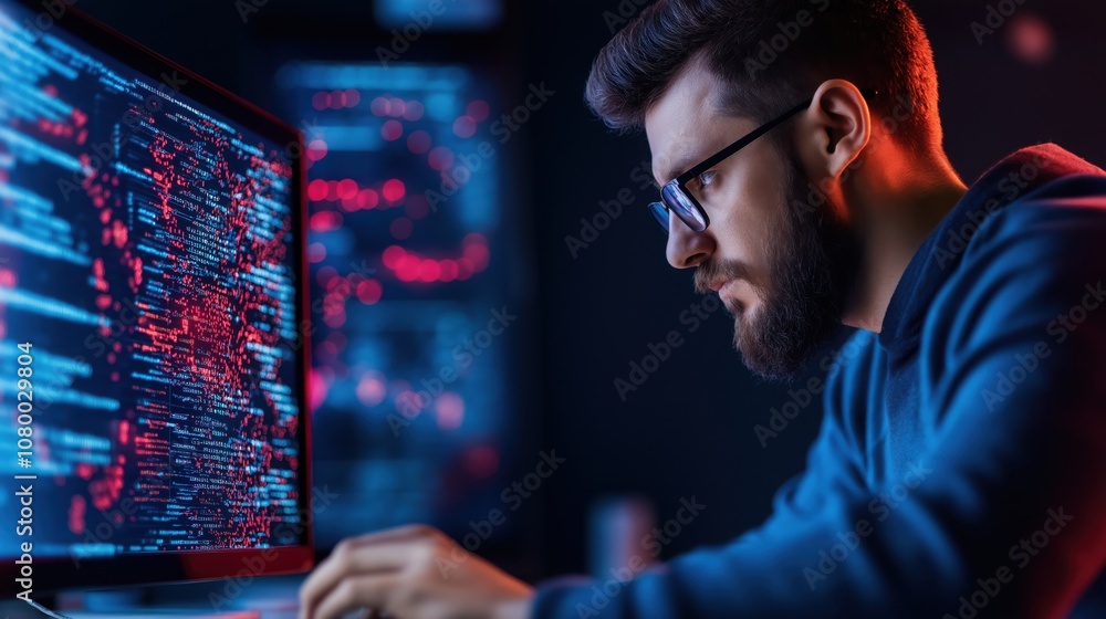 Poster a focused individual analyzes code on a computer screen, illuminated by vibrant colorful data in a d