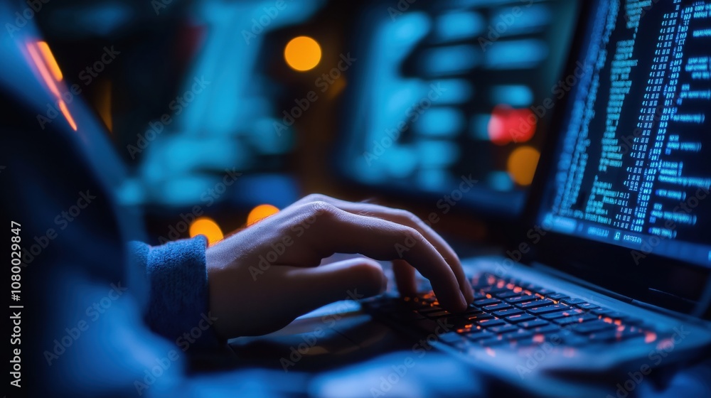 Poster description a close-up of a hand typing on a laptop with vibrant blue lighting, emphasizing a techno