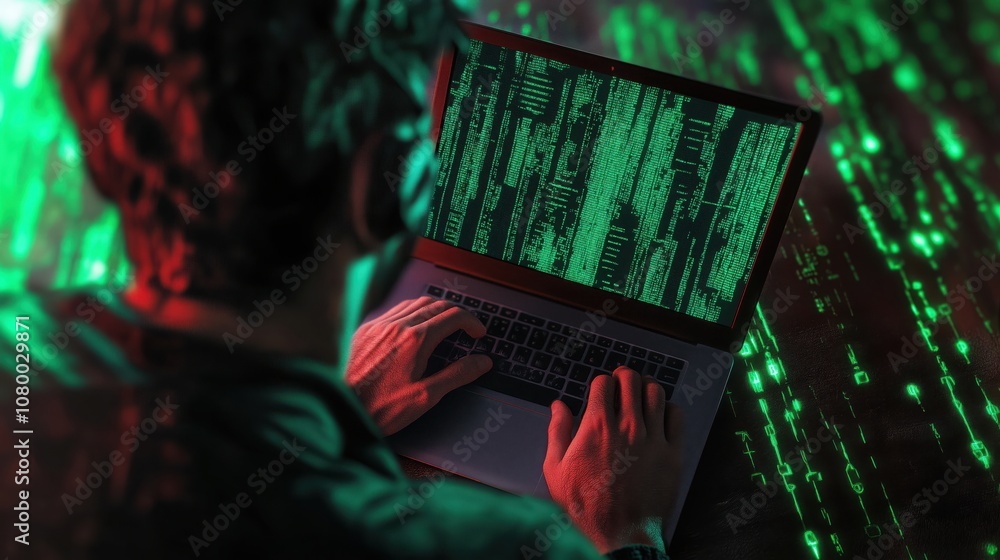 Poster a person types on a laptop surrounded by digital green code, evoking themes of hacking and technolog