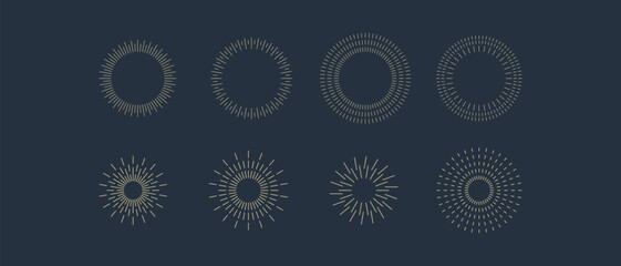 Fireworks. Vintage sunburst collection. Bursting golden sun rays. Vintage sunburst set. Bursting rays sunrise firework starburst blast, Radiant Spark. Logotype or lettering design element. Vector