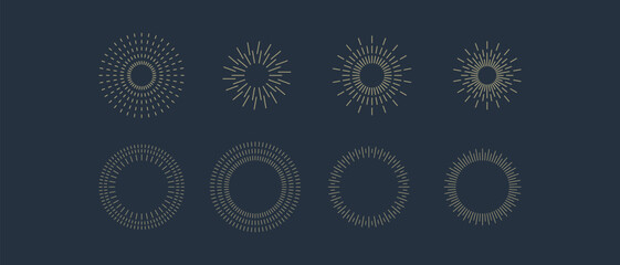 Fireworks. Vintage sunburst collection. Bursting golden sun rays. Vintage sunburst set. Bursting rays sunrise firework starburst blast, Radiant Spark. Logotype or lettering design element. Vector
