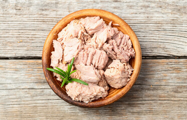 Canned tuna in bowl photography . Top view