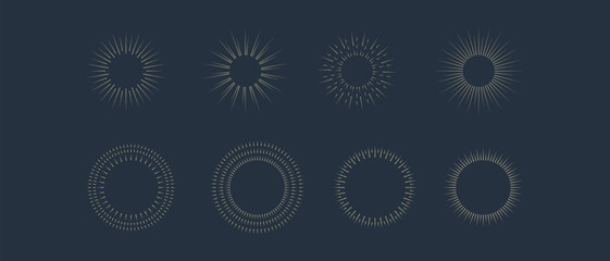 Fireworks. Vintage sunburst collection. Bursting golden sun rays. Vintage sunburst set. Bursting rays sunrise firework starburst blast, Radiant Spark. Logotype or lettering design element. Vector