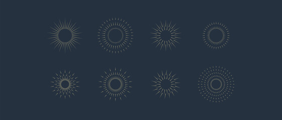 Fireworks. Vintage sunburst collection. Bursting golden sun rays. Vintage sunburst set. Bursting rays sunrise firework starburst blast, Radiant Spark. Logotype or lettering design element. Vector