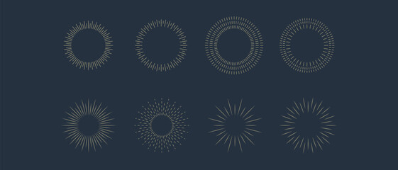 Fireworks. Vintage sunburst collection. Bursting golden sun rays. Vintage sunburst set. Bursting rays sunrise firework starburst blast, Radiant Spark. Logotype or lettering design element. Vector