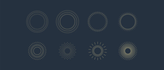Fireworks. Vintage sunburst collection. Bursting golden sun rays. Vintage sunburst set. Bursting rays sunrise firework starburst blast, Radiant Spark. Logotype or lettering design element. Vector