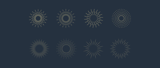 Fireworks. Vintage sunburst collection. Bursting golden sun rays. Vintage sunburst set. Bursting rays sunrise firework starburst blast, Radiant Spark. Logotype or lettering design element. Vector