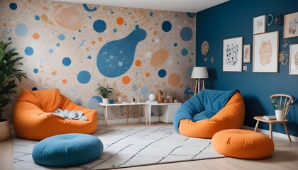 Scandinavian living room interior design zoom background,Doodle patterned wallpaper graphics