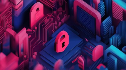 A digital illustration featuring vibrant pink and blue abstract shapes, emphasizing security through stylized padlocks and circuitry designs.