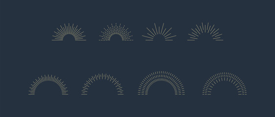 Fireworks. Vintage sunburst collection. Bursting golden sun rays. Vintage sunburst set. Bursting rays sunrise firework starburst blast, Radiant Spark. Logotype or lettering design element. Vector