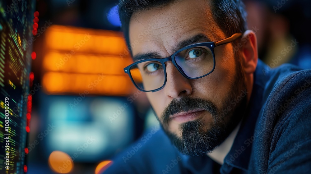 Poster a focused individual with glasses, illuminated by a colorful backdrop of screens and data, suggestin