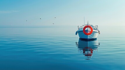 Rescue boat on tranquil waters with life buoy, prepared for action, surrounded by serene blue sea and distant horizon, with seagulls flying overhead.