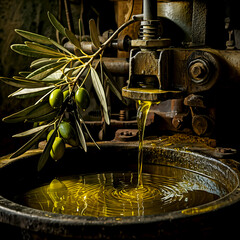 Olive oil extraction process, showing a rustic olive press mechanism