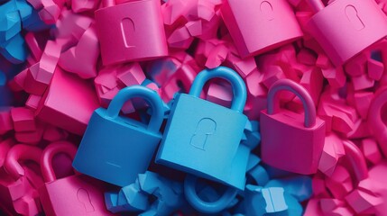 Naklejka premium Colorful collection of small locks in blue and pink, scattered among playful shapes, emphasizing security and creativity.