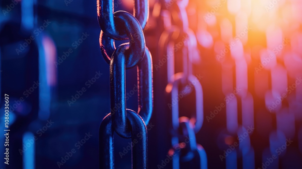Poster a close-up view of interconnected metal chains illuminated by a warm, glowing light, creating a dram