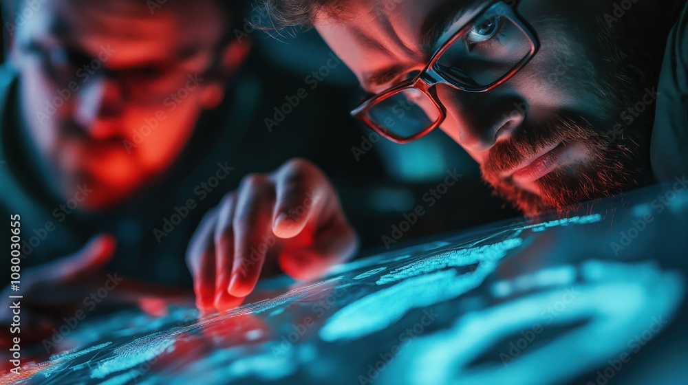 Aufkleber two individuals focus intently on a glowing surface, examining intricate patterns with concentrated 